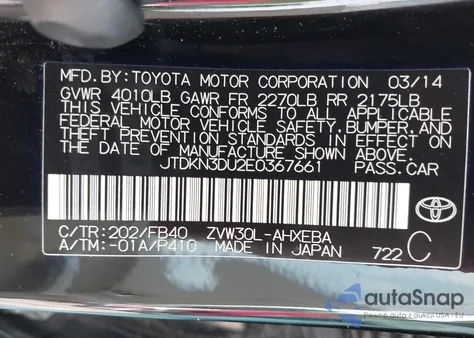 2014 Toyota Prius Two from USA, damaged, VIN JTDKN3DU2E0367661